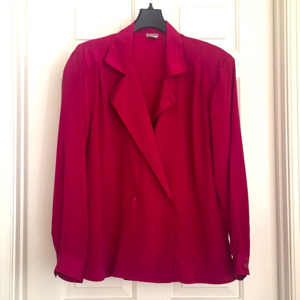 NICOLA Pink Blazer Top Size 12 Long Sleeves Silky Blouse Shoulder Pads